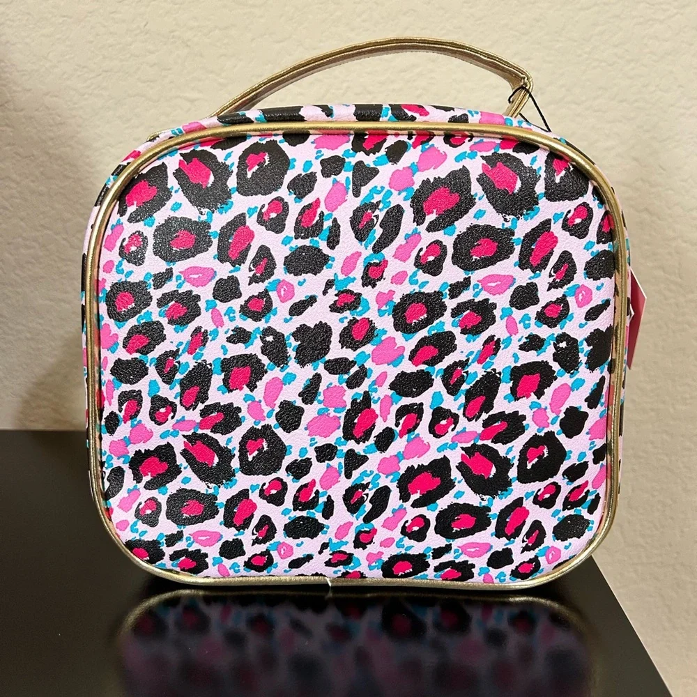 Juicy Couture Pink Leopard Print Cosmetic Case with Gold Trim